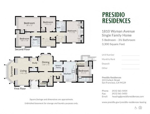 A floor plan for a Presidio Residences single family home with 5 bedrooms and 3.300 square feet.